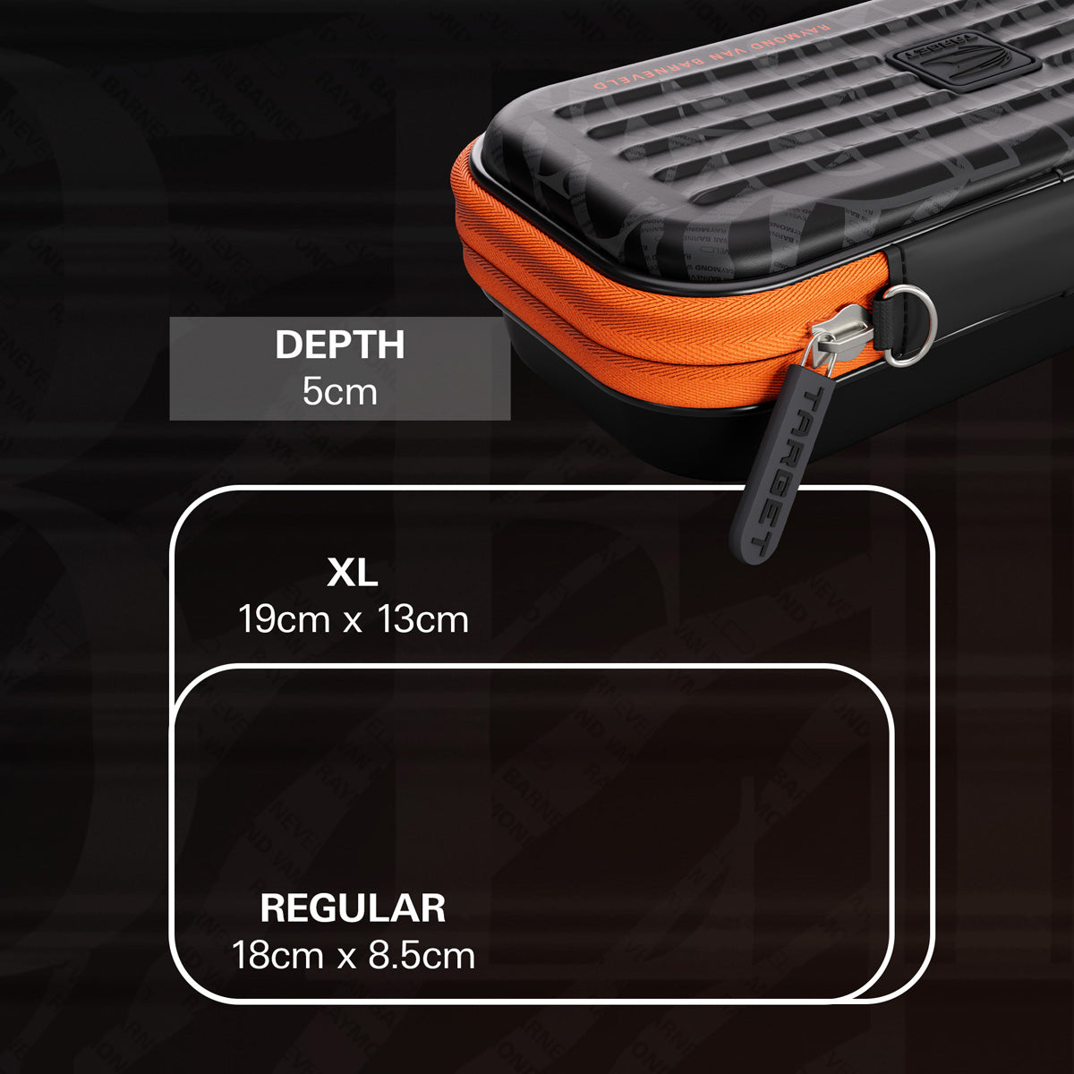 Target Raymond van Barneveld Takoma Ghost Dart Case dimensions image showing product measurements and storage capacity