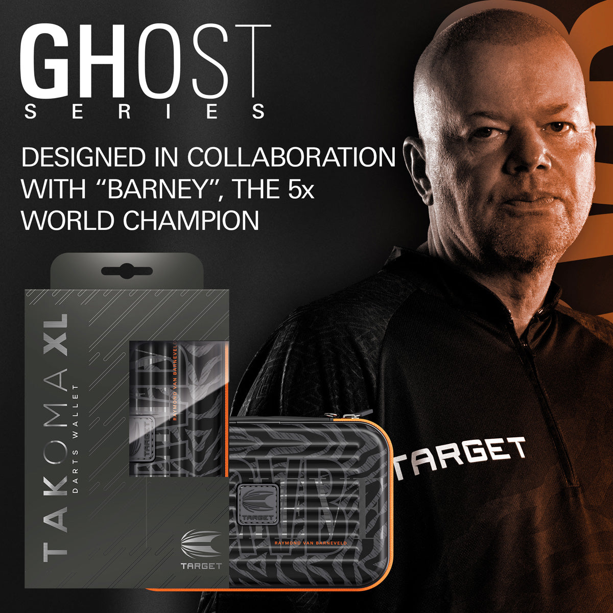 Target Raymond van Barneveld Takoma Ghost XL Dart Case outer box image showing the retail packaging and branding