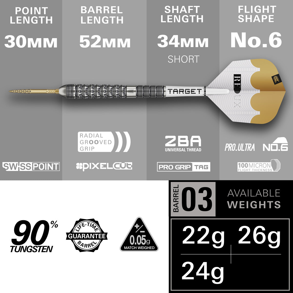 Target Redux 03 Steel Tip Darts specifications image showing barrel dimensions, weight, and technical details