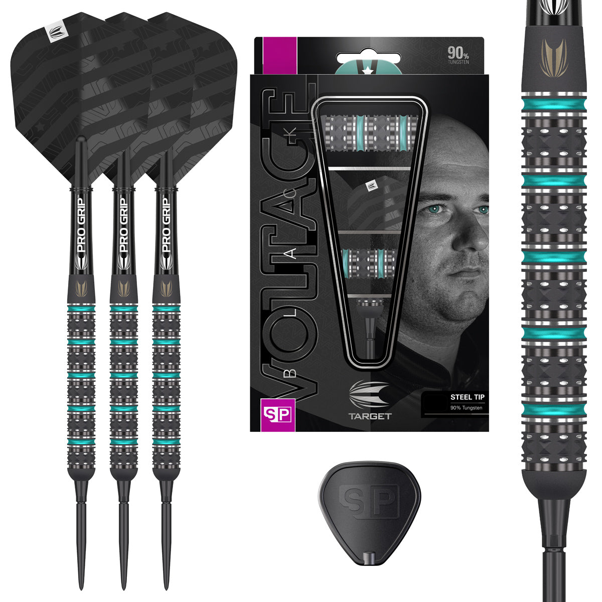 Rob Cross Black Edition Swiss Steel Tip Darts main product image showing the darts, packaging, flights, shafts, and included accessories