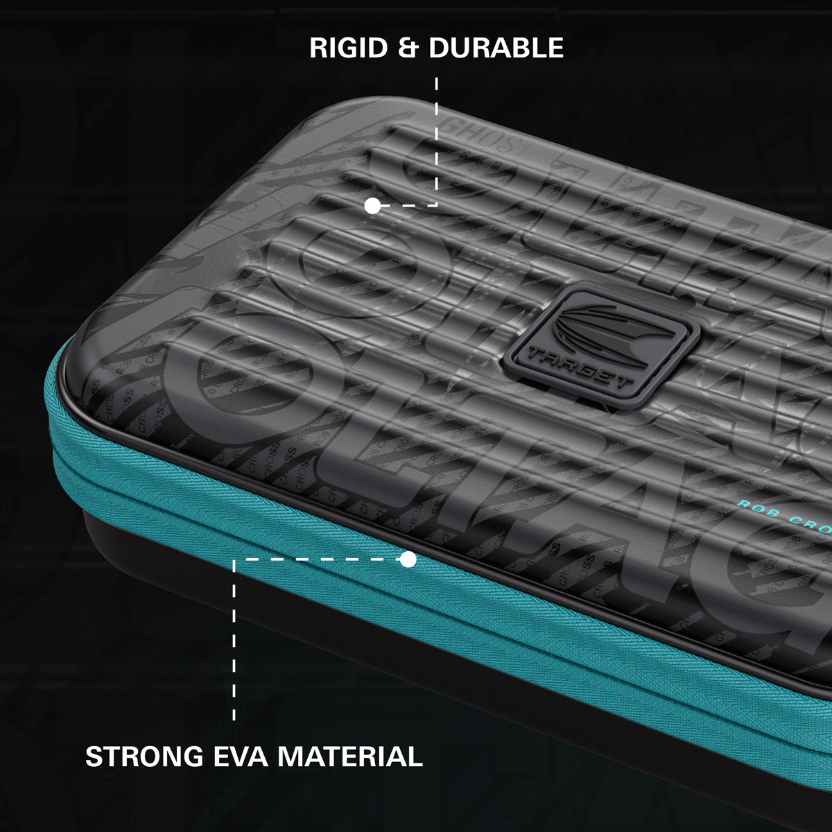 Target Rob Cross Takoma Ghost XL Dart Case image highlighting the external materials, zip, handle, branding, and protective construction