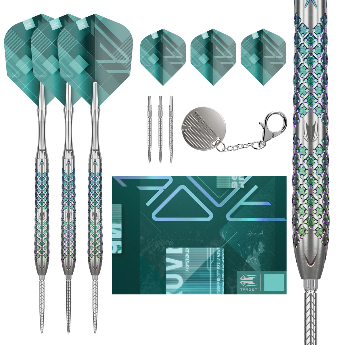 Rove 03 SP Steel Tip Darts main product image showing the darts, packaging, flights, shafts, and included accessories