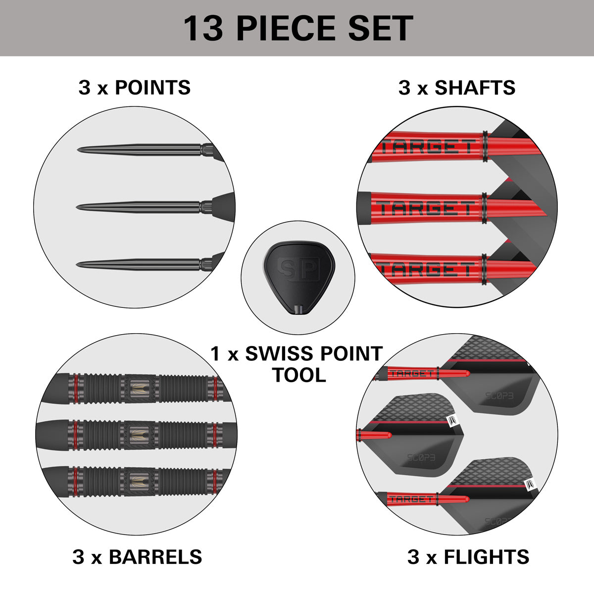 Scope 02 Steel Tip Darts contents image displaying everything included inside the box