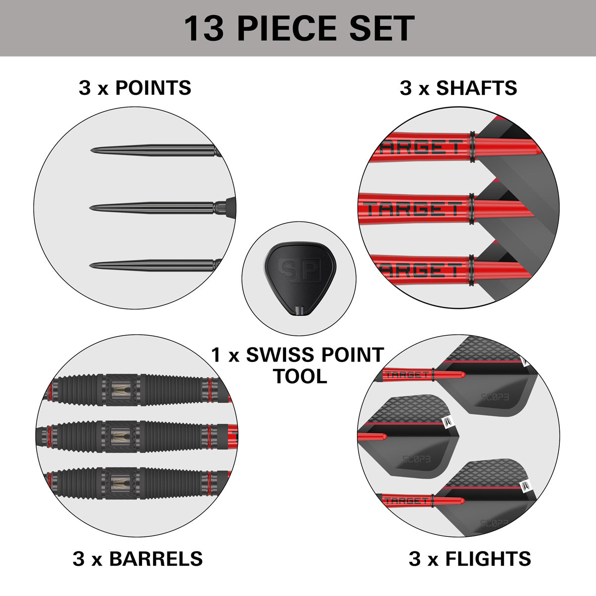 Scope 03 Steel Tip Darts contents image displaying everything included inside the box