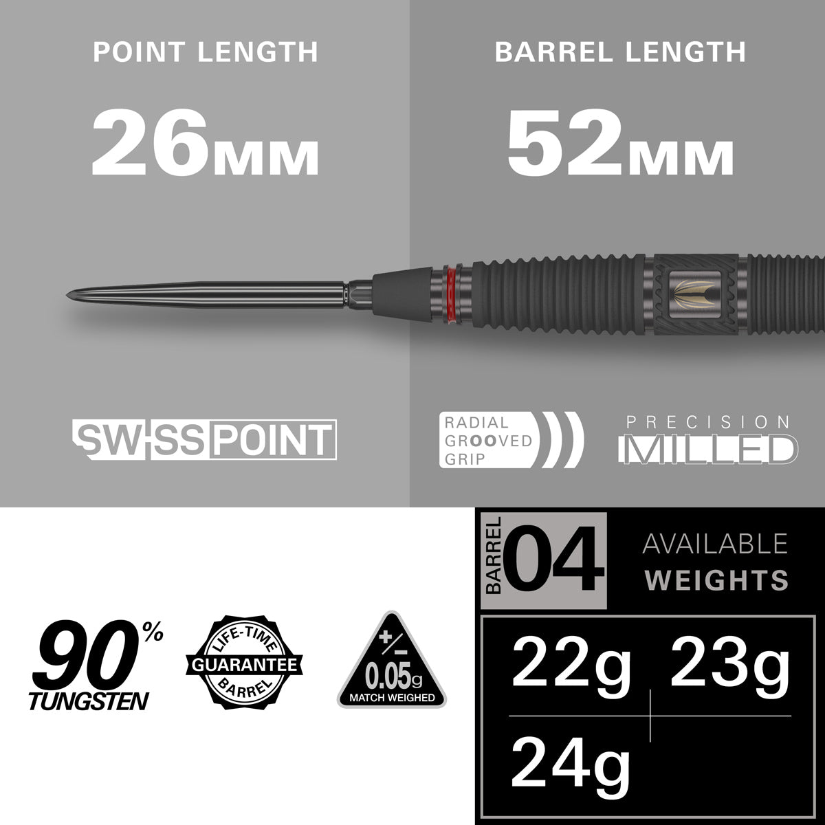Scope 04 Steel Tip Darts specifications image showing barrel dimensions, weight, and technical details