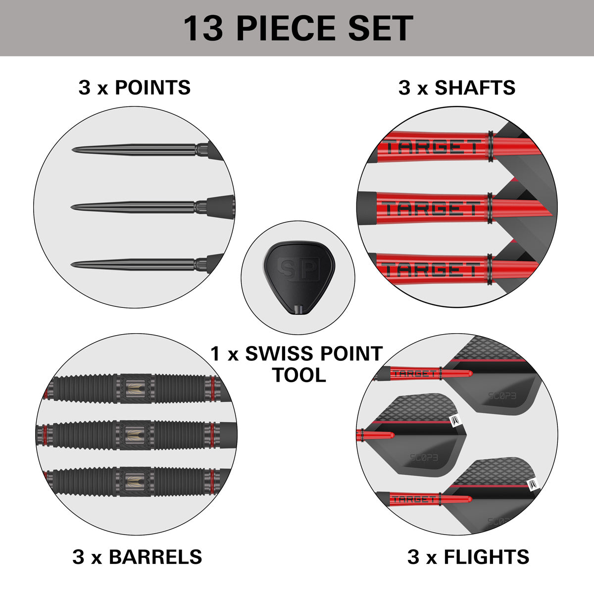 Scope 04 Steel Tip Darts contents image displaying everything included inside the box