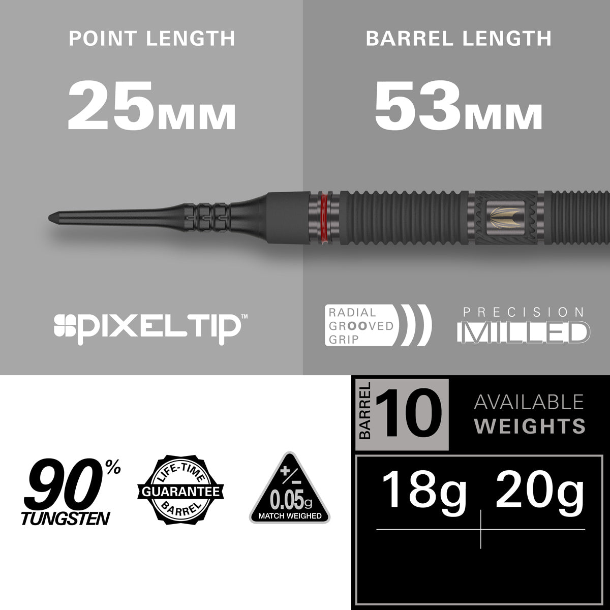 Scope 10 Soft Tip Darts specifications image showing barrel dimensions, weight, and technical details