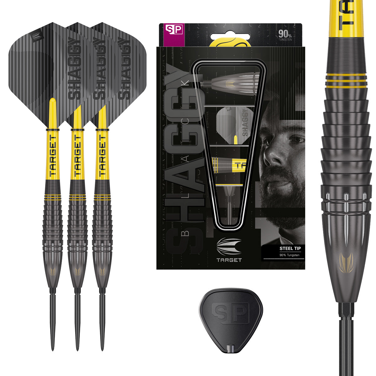 Scott Williams Black SP Steel Tip Darts main product image showing the darts, packaging, flights, shafts, and included accessories