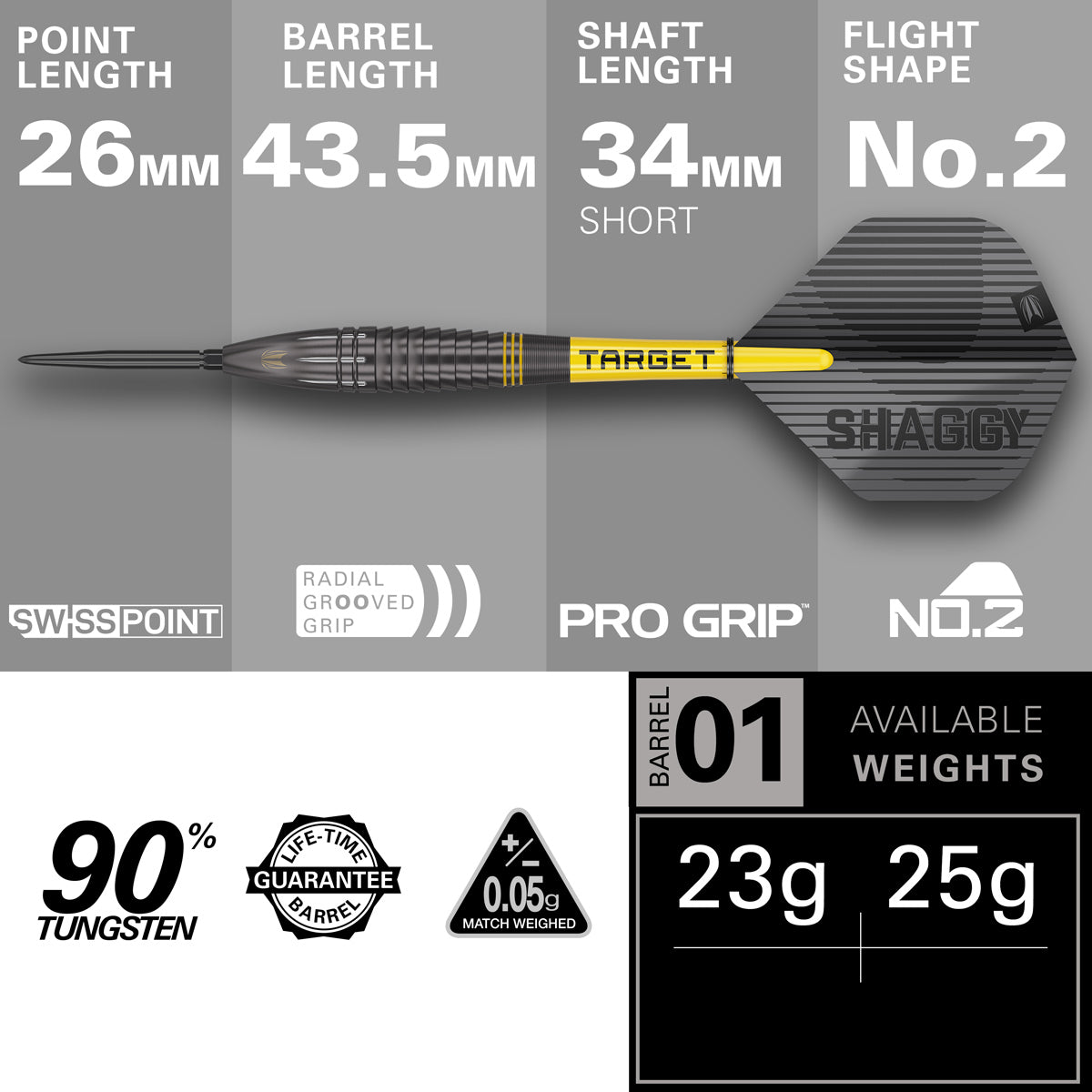 Scott Williams Black Steel Tip Darts specifications image showing barrel dimensions, weight, and technical details