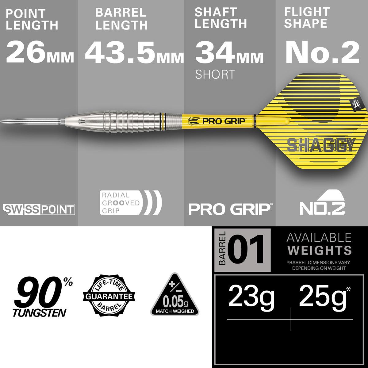 Scott Williams G1 Steel Tip Darts specifications image displaying barrel dimensions and technical dart information