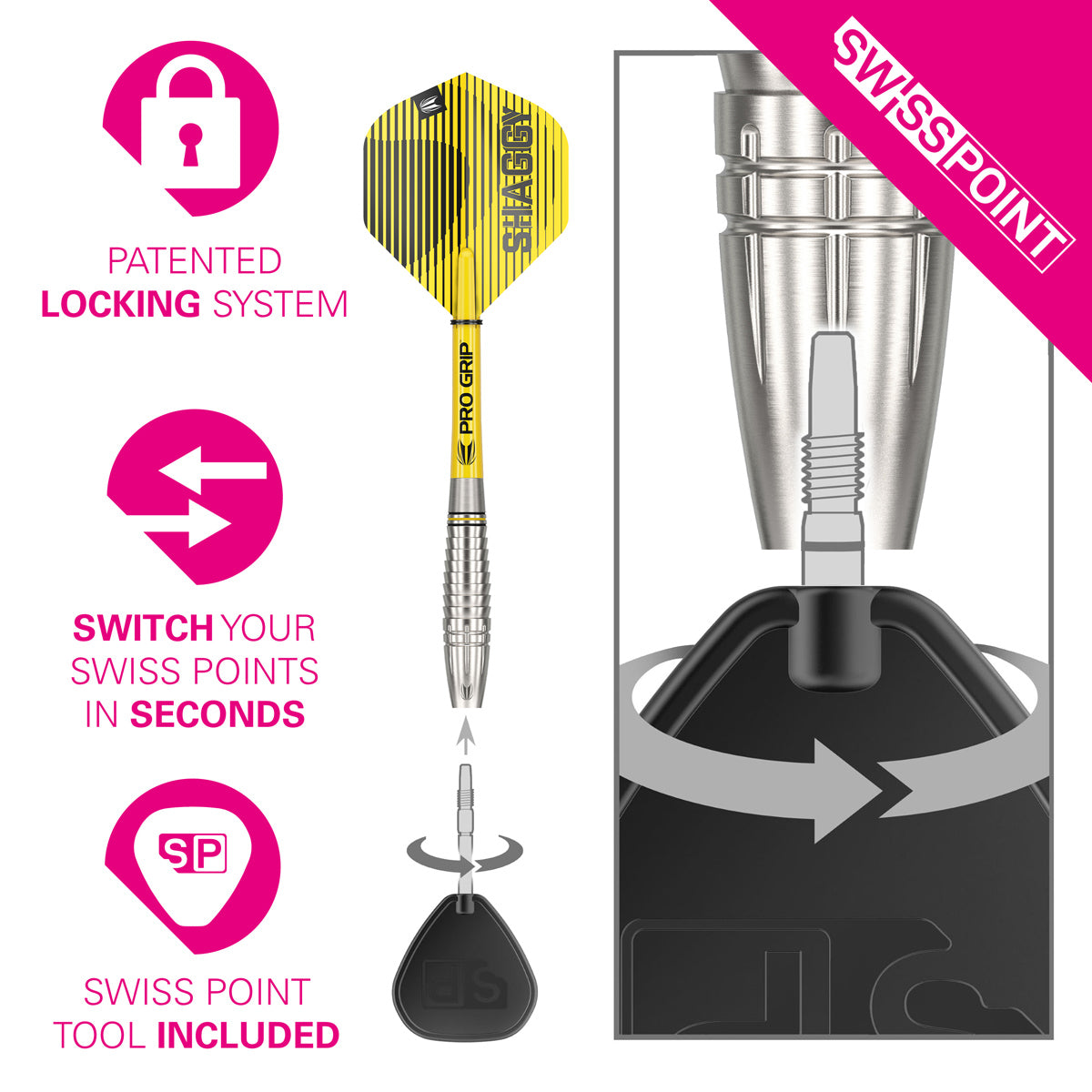 Scott Williams G1 Steel Tip Darts Swiss Point demonstration image showing the interchangeable point technology
