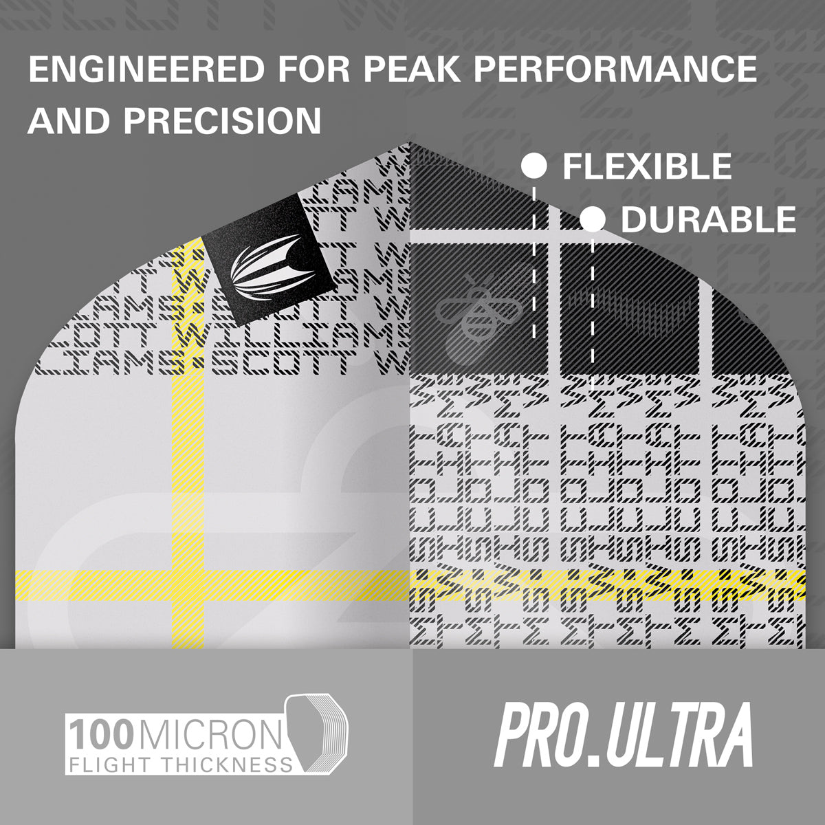 Scott Williams G2 Pro Ultra No2 Dart Flights (3 Sets) by Target image highlighting the Pro.Ultra flight range and key performance features.