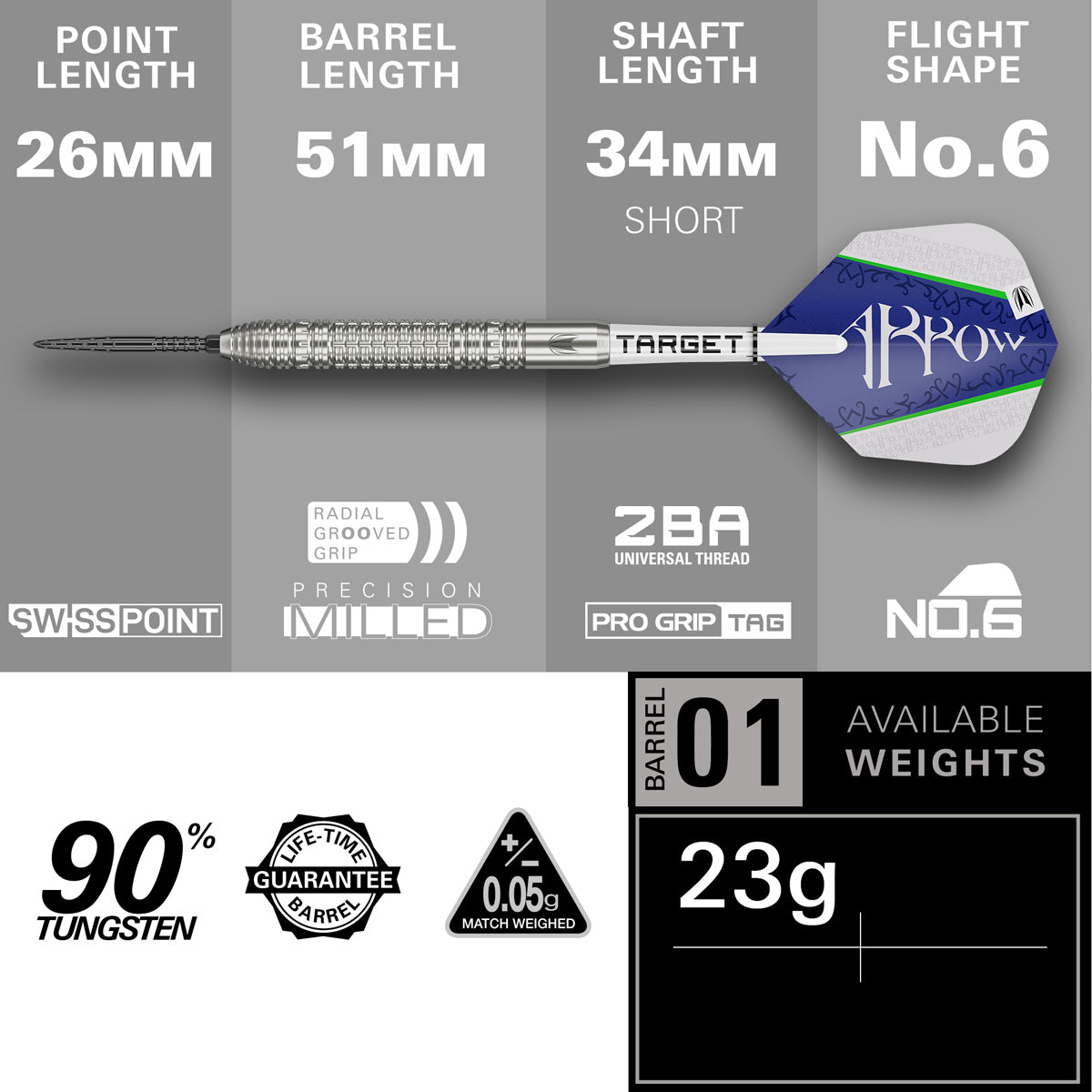 Shane McGuirk Steel Tip Darts specifications image showing barrel dimensions, weight, and technical details
