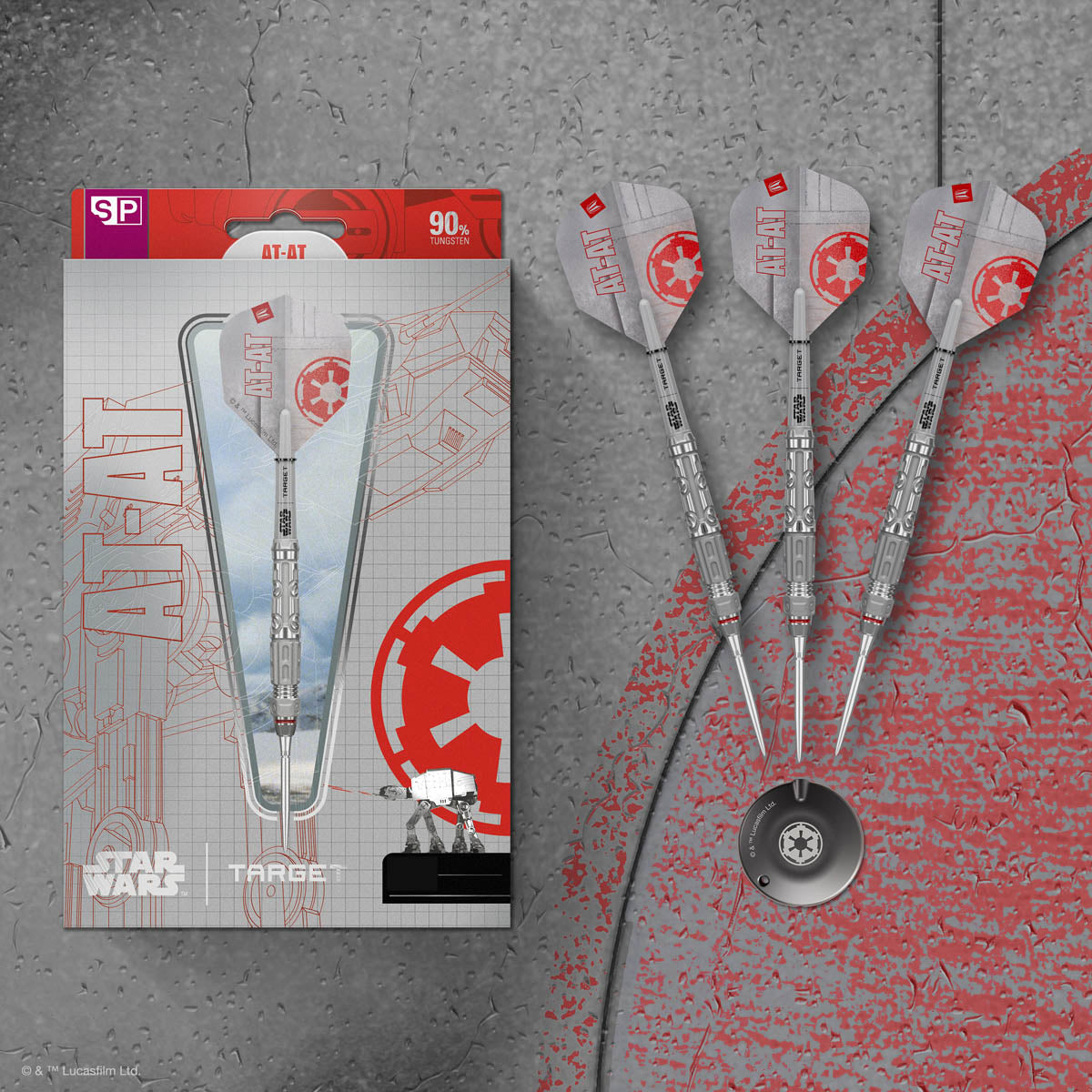 STAR WARS™ AT AT darts lifestyle image featuring a premium darts setup inspired by the Galactic Empire
