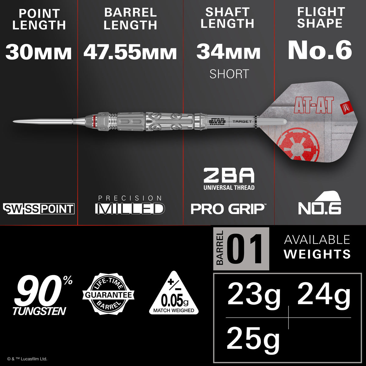 STAR WARS™ AT AT Steel Tip Darts specifications image showing barrel dimensions, weight, and technical details