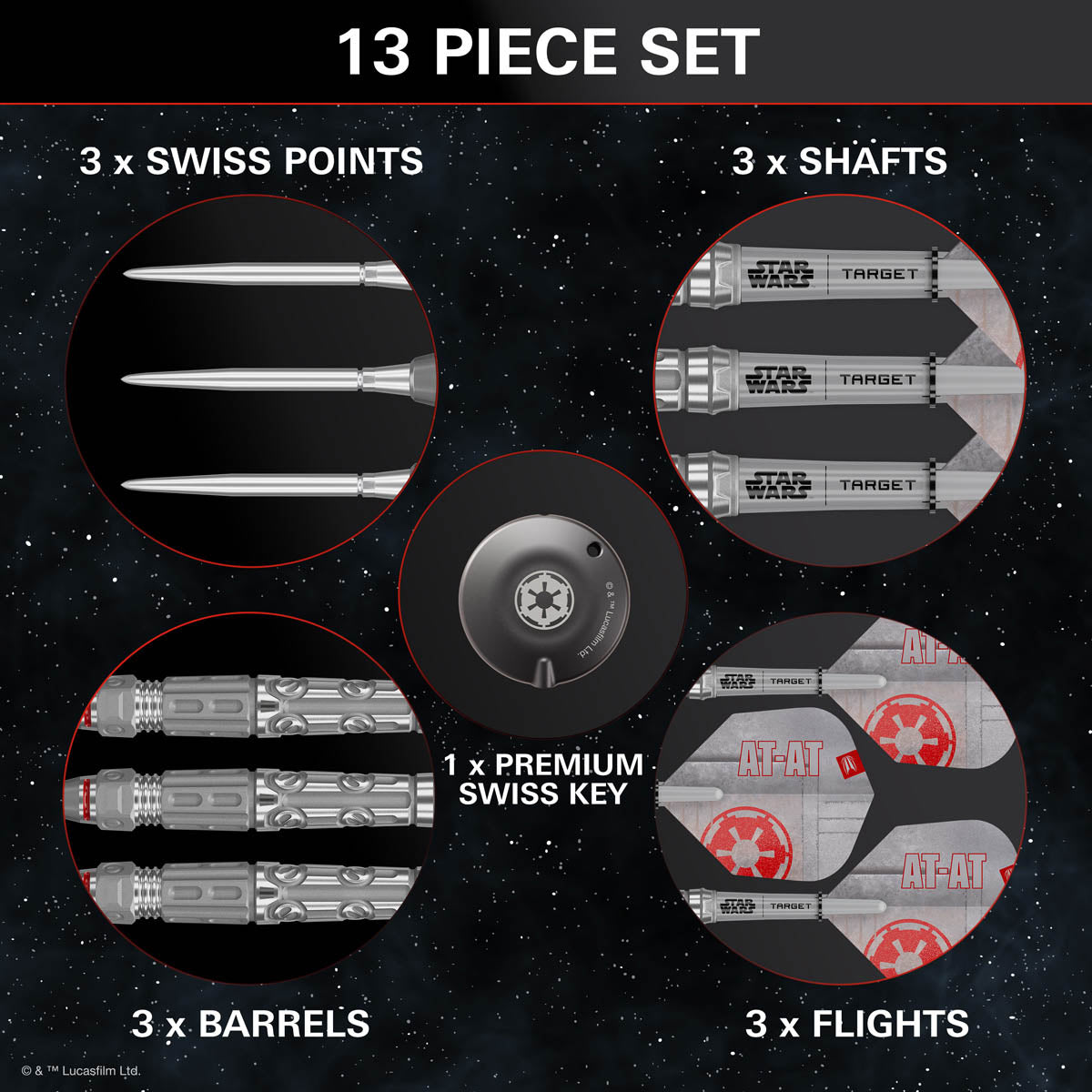 STAR WARS™ AT AT Steel Tip Darts contents image displaying everything included inside the box