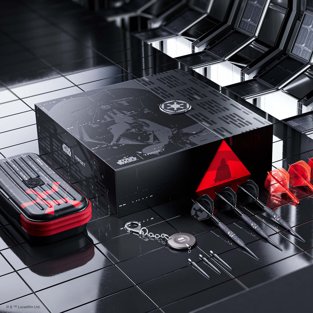 STAR WARS™ Darth Vader darts lifestyle image featuring a premium darts setup inspired by the dark side of the Force
