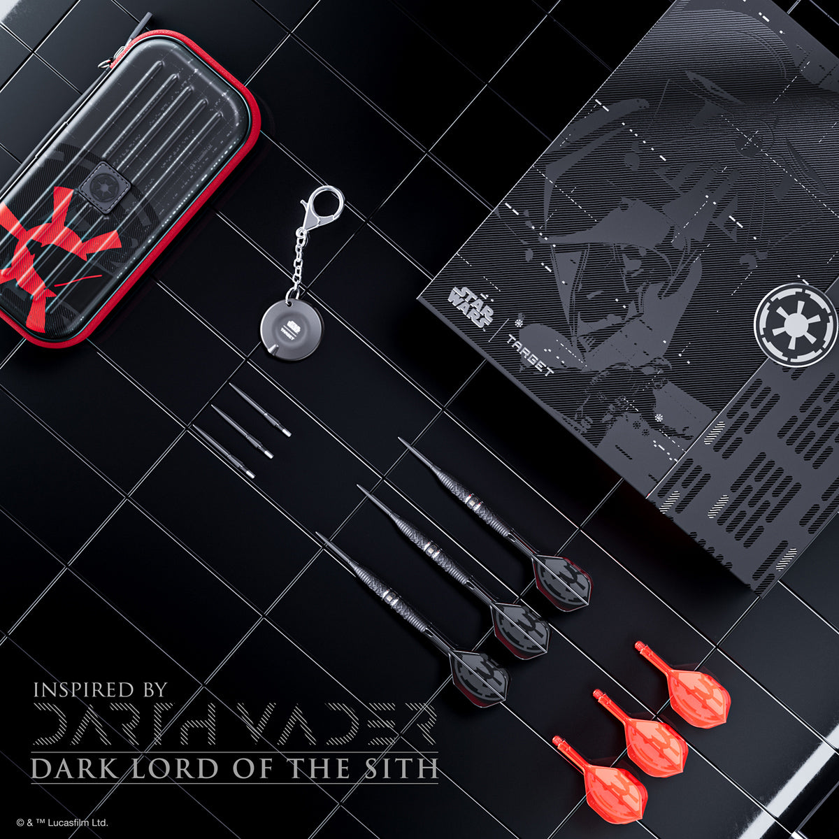 STAR WARS™ Darth Vader Steel Tip Darts main product image showing the darts, packaging, flights, shafts, and included accessories