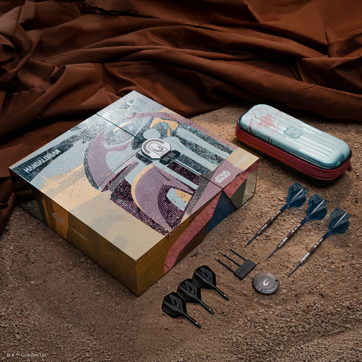 STAR WARS™ Mandalorian darts lifestyle image featuring a premium darts setup inspired by the legendary bounty hunter