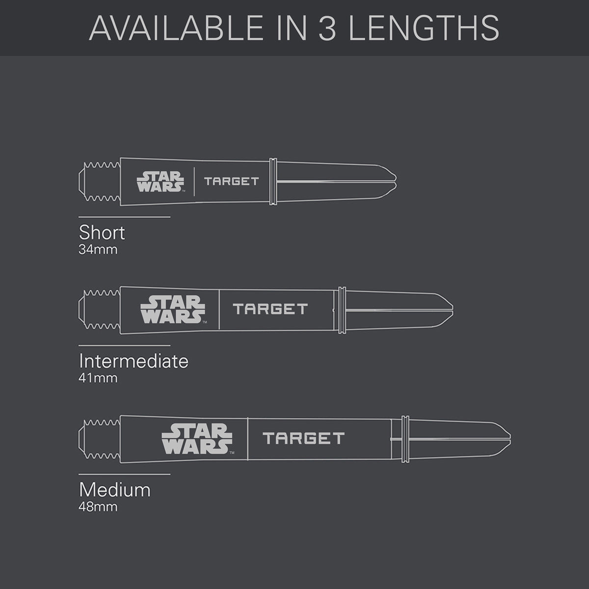 STAR WARS Target Pro Grip Dart Stems Shafts Black length guide image showing available shaft sizes and dimensions