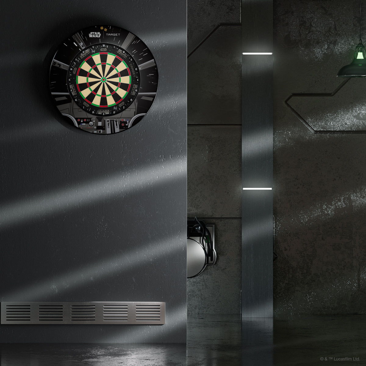 STAR WARS Target TOR Dartboard and Millennium Falcon Surround Bundle alternate lifestyle image showing the dartboard bundle installed and ready for play in a real world setting