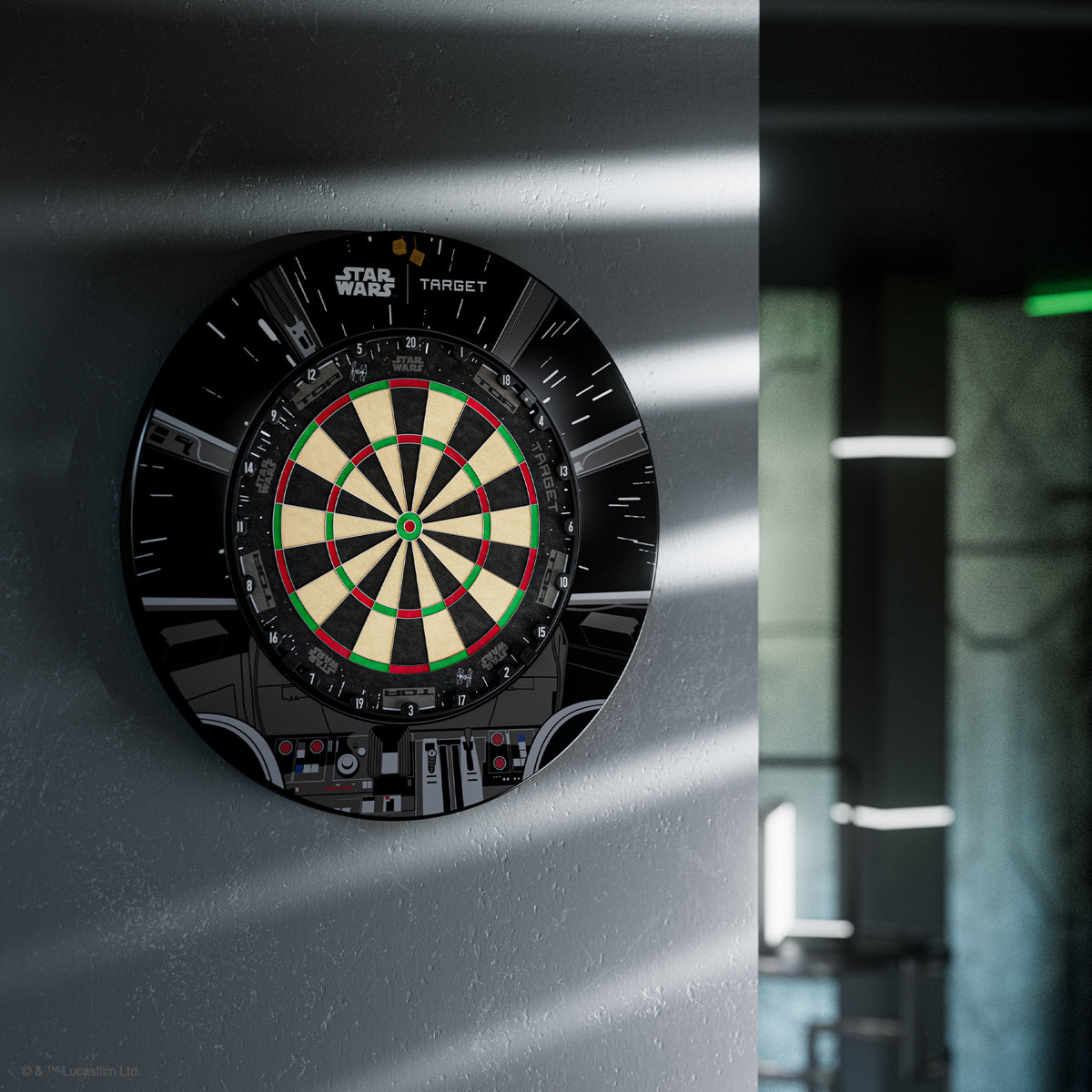 STAR WARS Target TOR Dartboard and Millennium Falcon Surround Bundle lifestyle image showing the dartboard bundle installed and ready for play in a real world setting