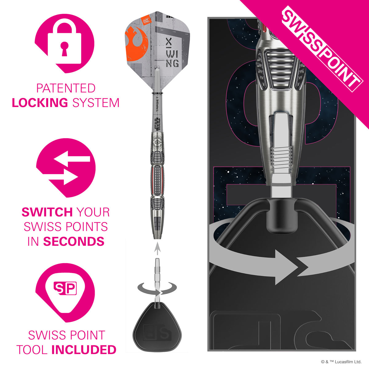 STAR WARS™ X Wing darts point system demonstration image showing interchangeable point technology