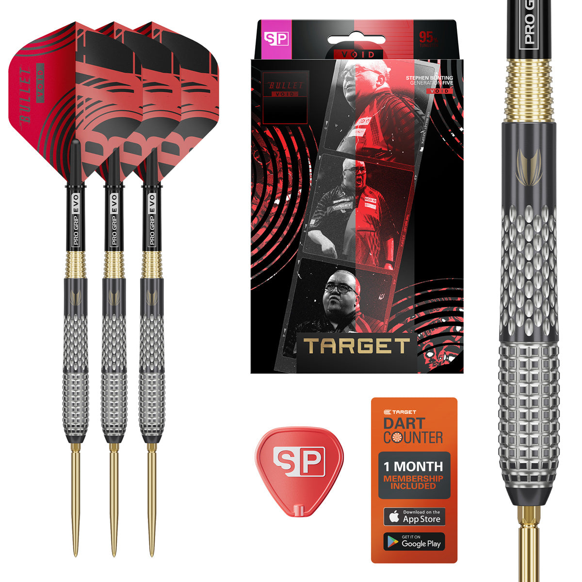 Stephen Bunting G5 Void SP Steel Tip Darts main product image showing the darts, packaging, flights, shafts, and included accessories
