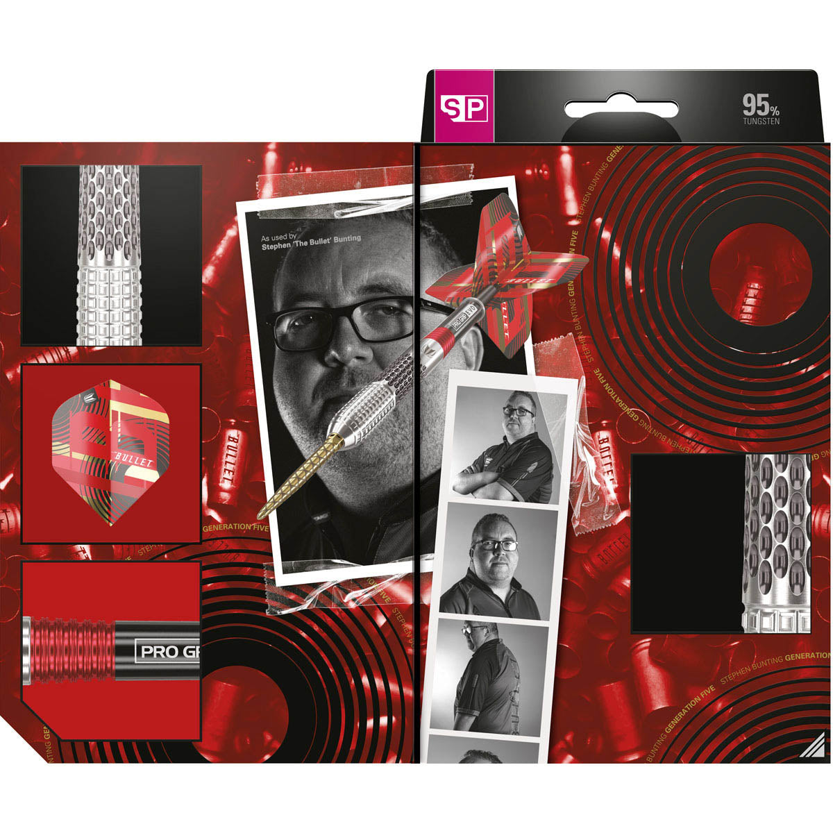 Stephen Bunting Gen 5 SP Steel Tip Darts close up angle image highlighting the box and the graphic deign on it