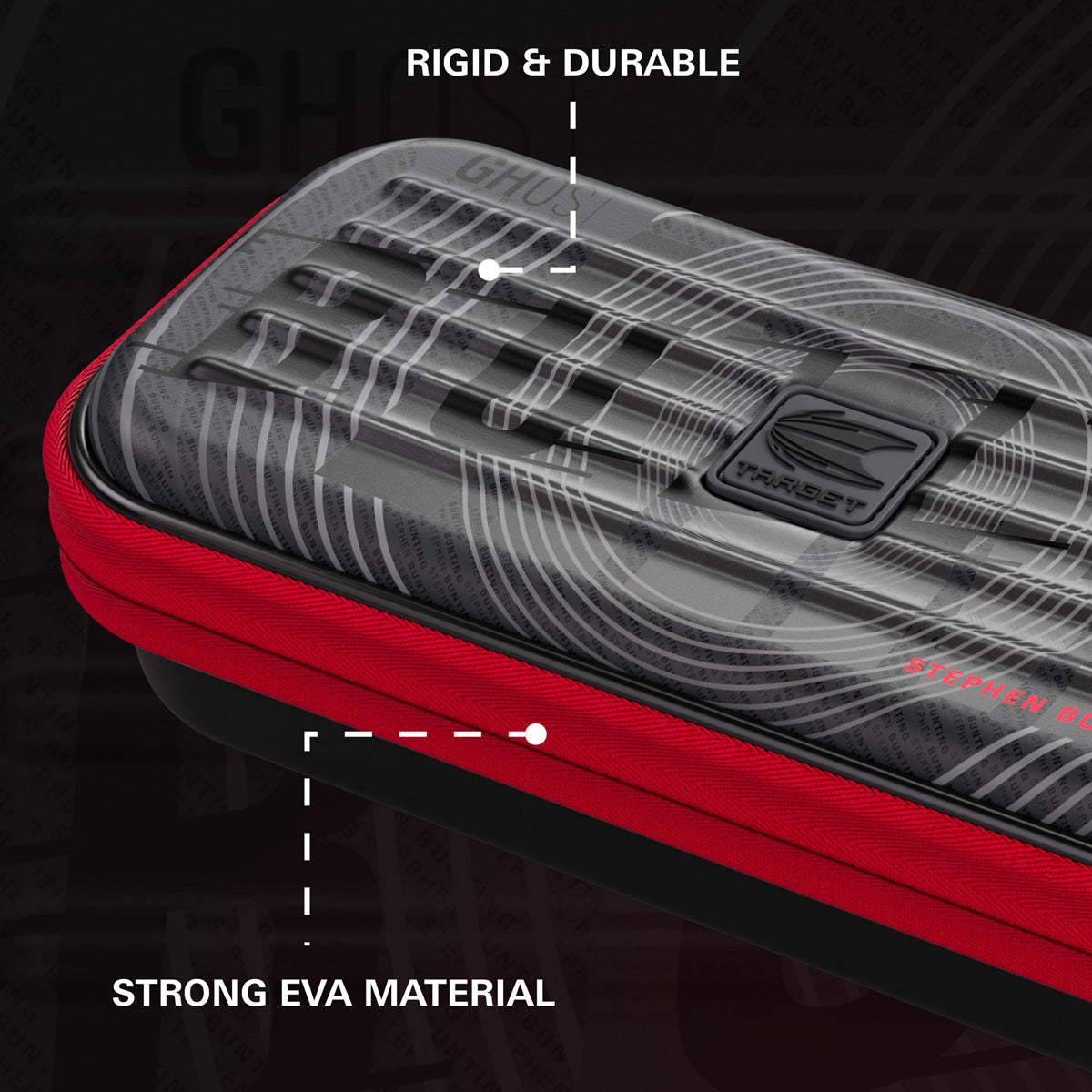 Target Stephen Bunting Takoma Ghost Dart Case image highlighting the external materials, zip, handle, branding, and protective construction