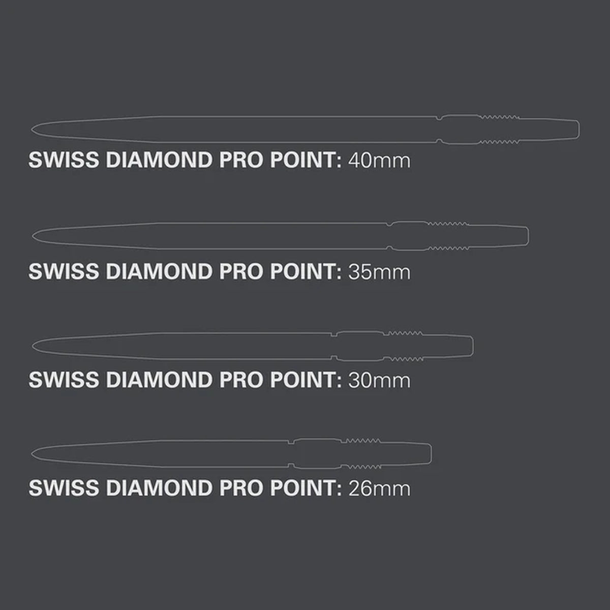 Target Swiss Diamond Replacement Dart Points Gold image comparing the available Swiss Point lengths