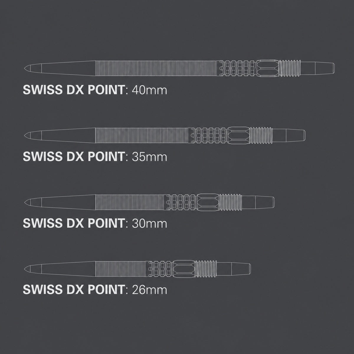 Target Swiss DX Points Black image comparing the available Swiss Point lengths