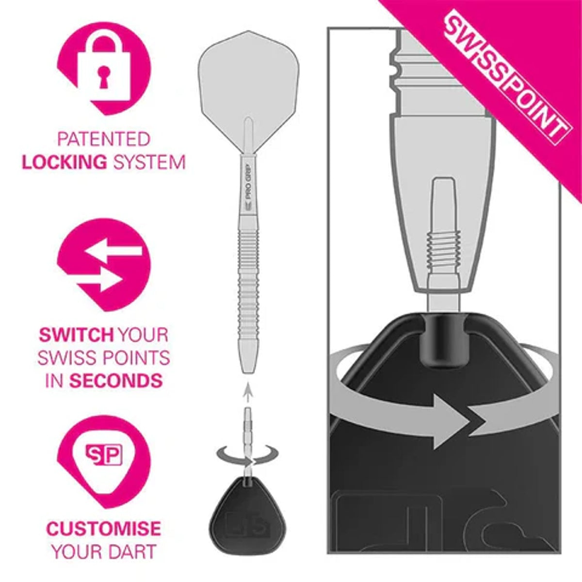 Target Swiss DX Points Silver image demonstrating the Swiss Point locking system and removable point technology