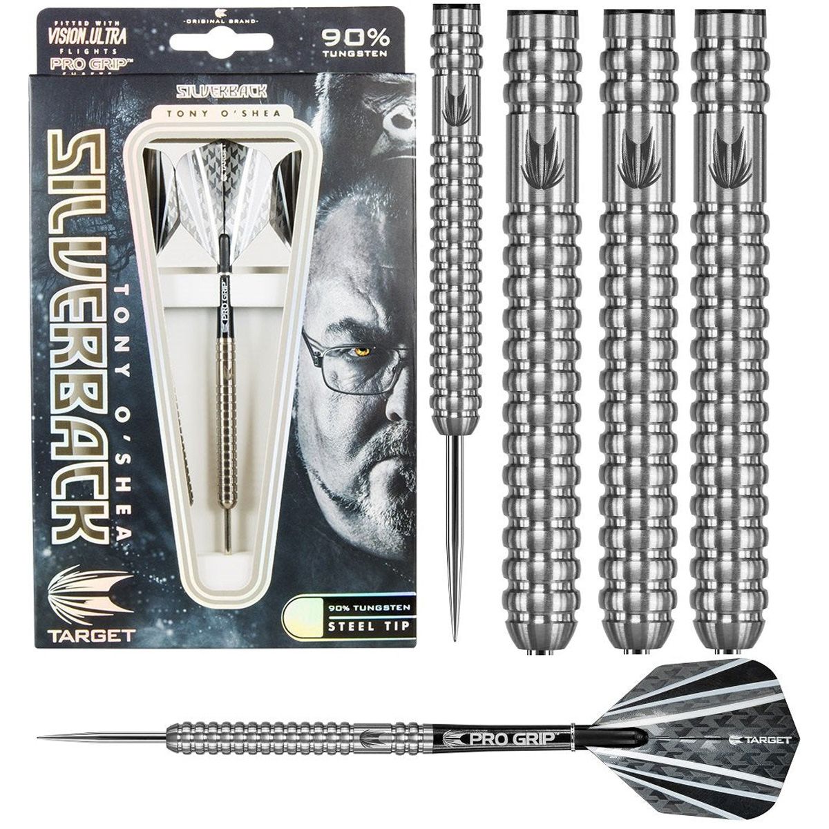 Tony O'Shea Generation 2 Steel Tip Darts main product image showing the darts, packaging, flights, shafts, and included accessories