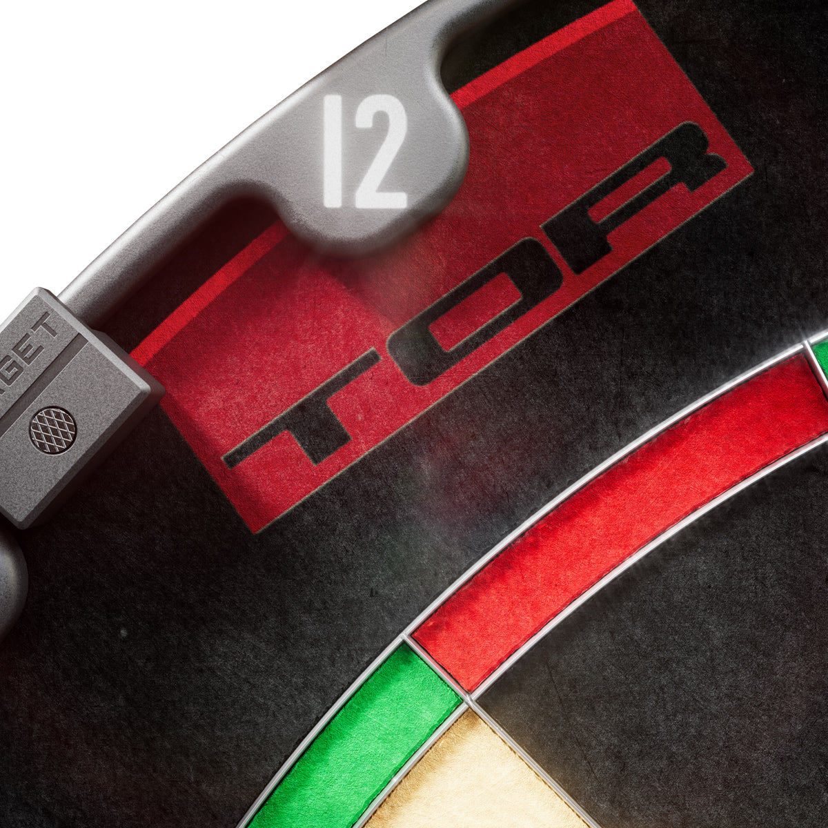 Target TOR Dartboard close up image highlighting the branding and number ring