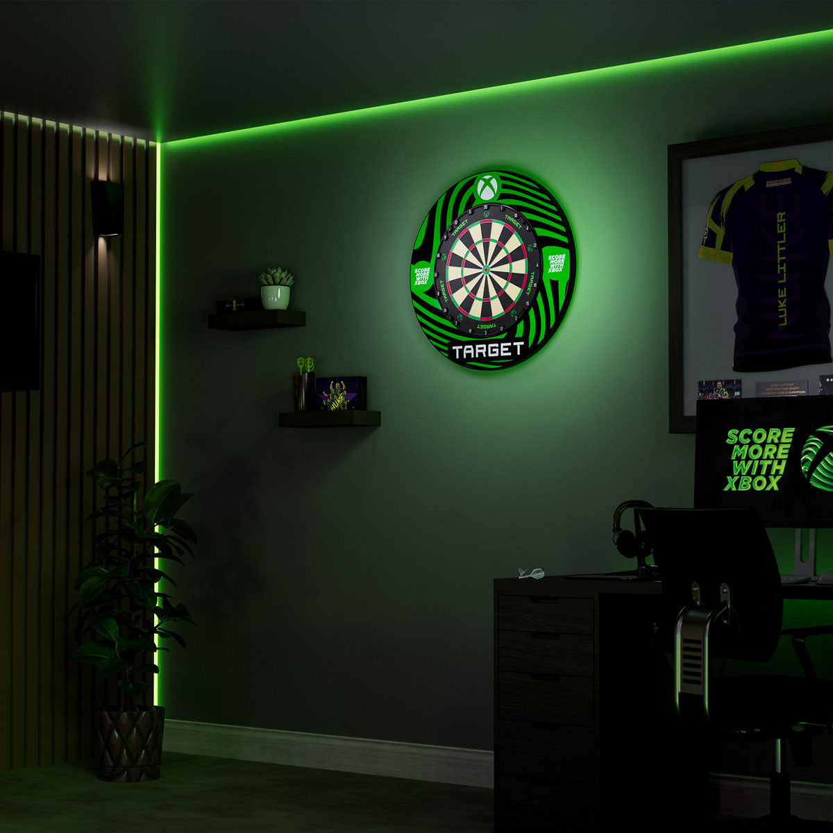 TARGET XBOX TOR Dartboard and Surround Bundle lifestyle image showing the dartboard bundle installed and ready for play in a real world setting