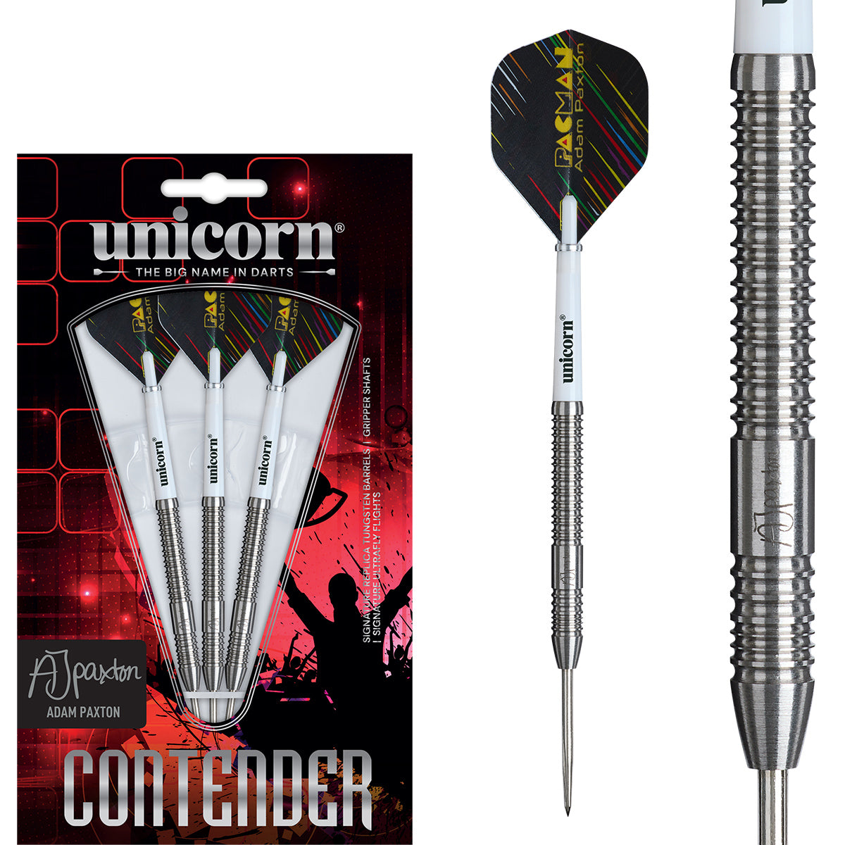 Adam Paxton Steel Tip Darts main product image showing the darts, packaging, flights, shafts, and included accessories