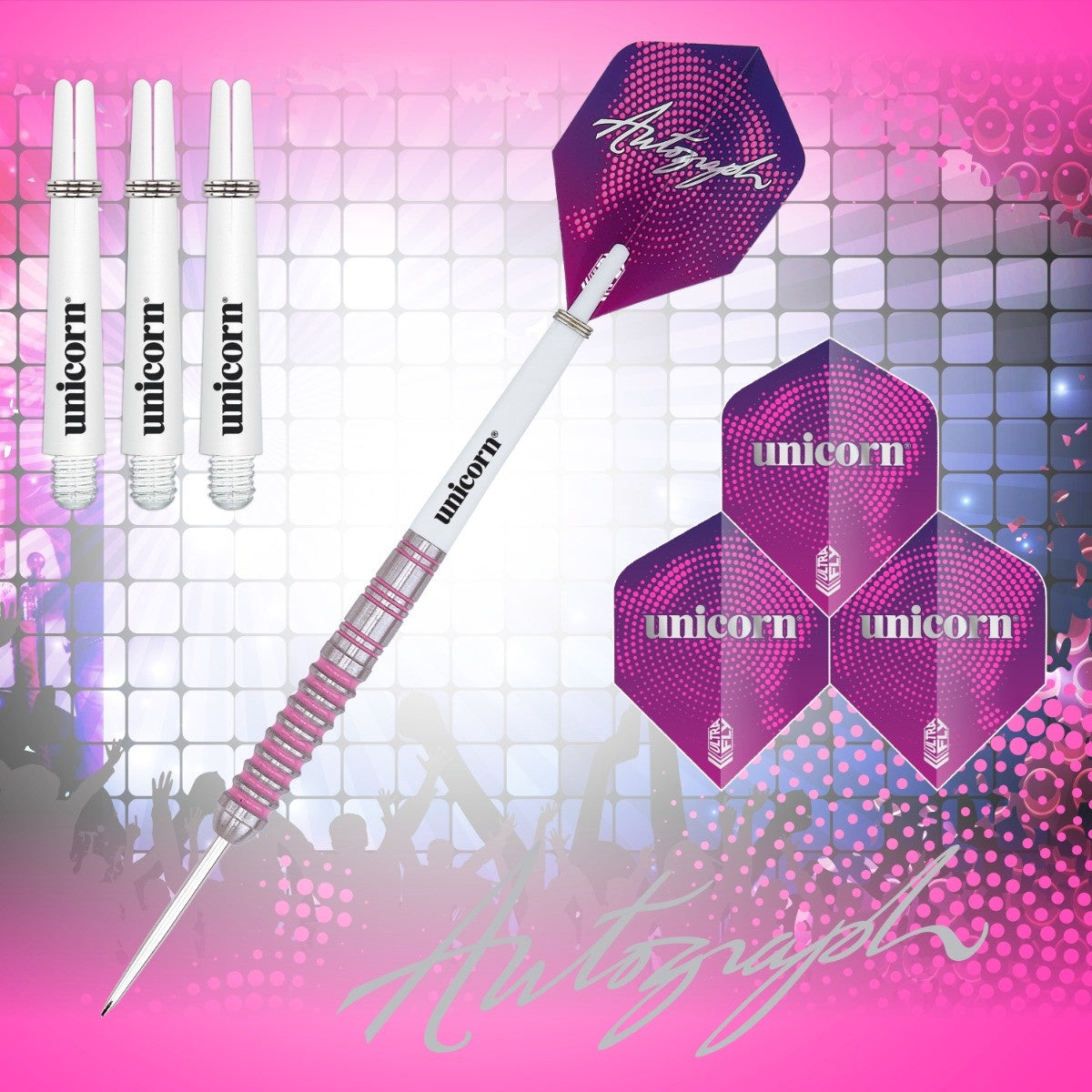 Autograph Pink Ringed Steel Tip Darts branded contents image displaying the darts and included accessories alongside Unicorn branding