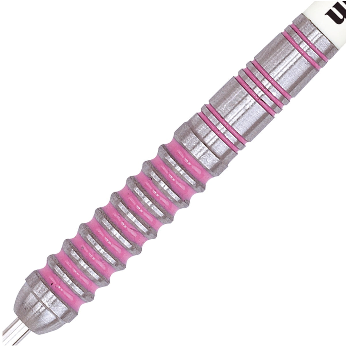 Autograph Pink Ringed Steel Tip Darts close up image showing detailed grip patterns, machining, coating, and precision craftsmanship