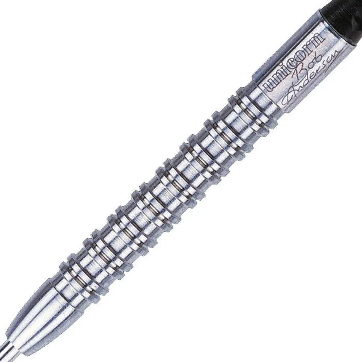 Close-up view of the Unicorn Bob Anderson dart barrel showing detailed grip and engraved signature.