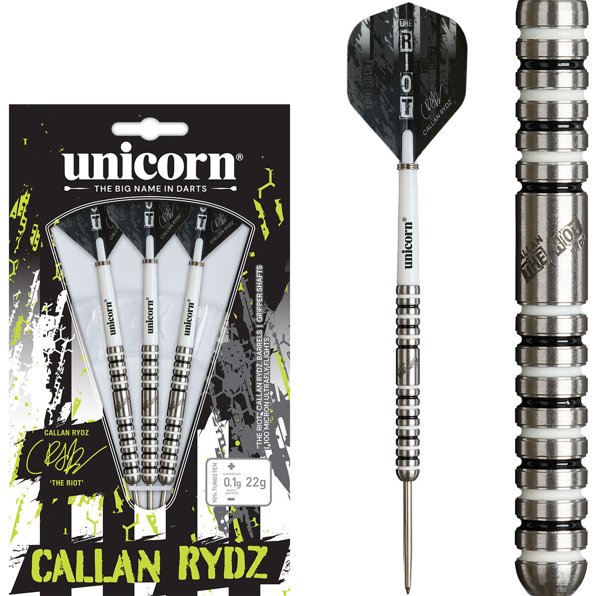 Callan Rydz The Riot Phase 2 Steel Tip Darts main product image showing the darts, packaging, flights, shafts, and included accessories