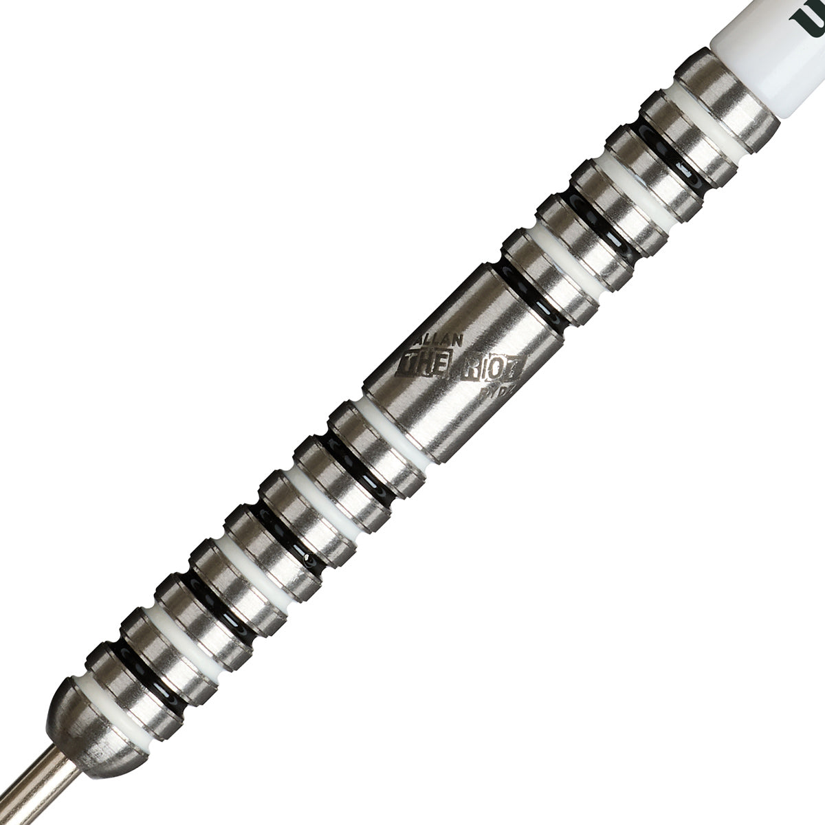 Callan Rydz The Riot Phase 2 Steel Tip Darts close up image showing detailed grip patterns, machining, coating, and precision craftsmanship