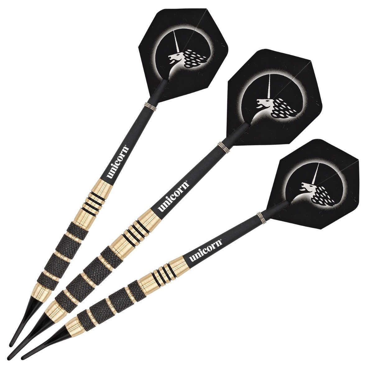 Core Plus Brass Steel Tip Darts image showing the complete three dart set together highlighting barrel design consistency and styling