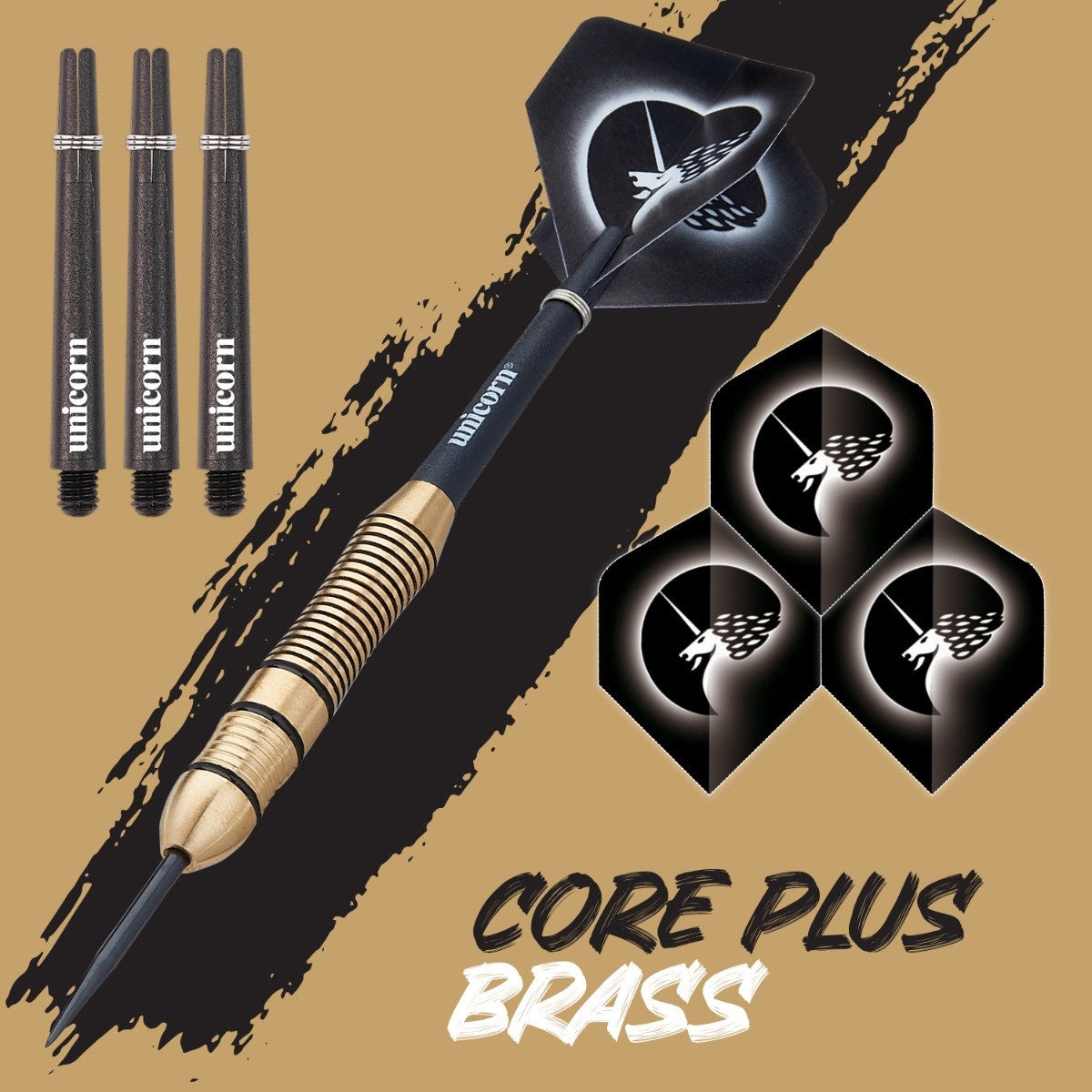 Core Plus Brass Style 2 Steel Tip Darts branded contents image displaying the darts and included accessories alongside Unicorn branding