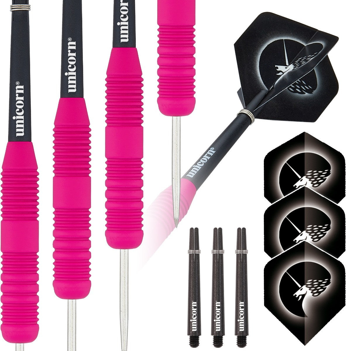 Core Plus Pink Rubber Coated Brass Steel Tip Darts contents image displaying everything included inside the package