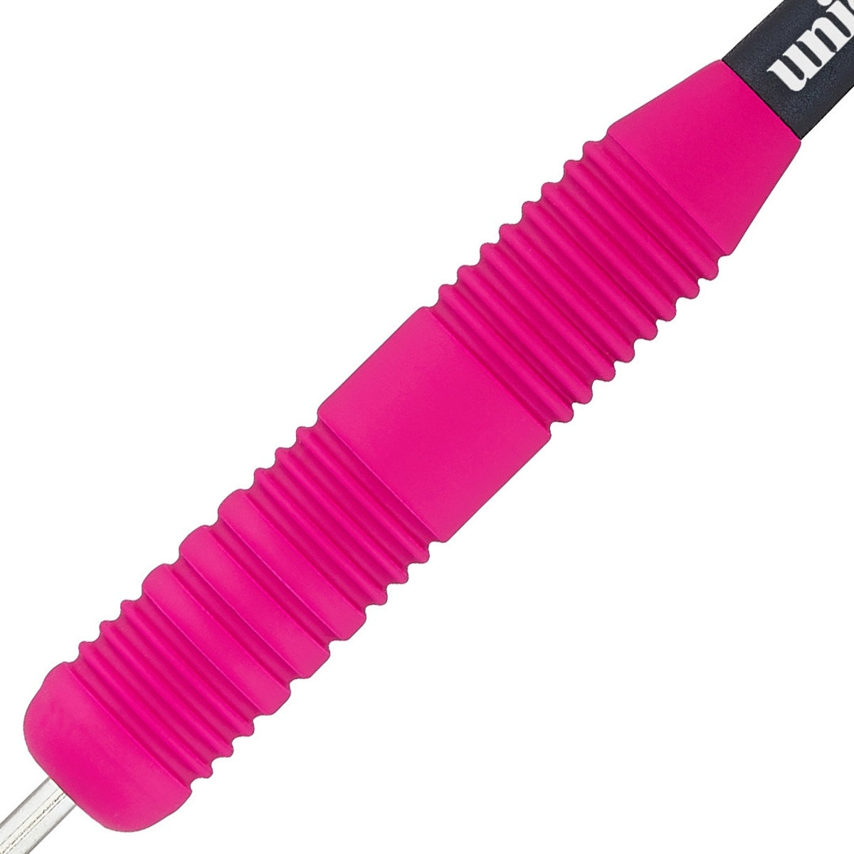 Core Plus Pink Rubber Coated Brass Steel Tip Darts close up image showing detailed grip patterns, machining, coating, and precision craftsmanship