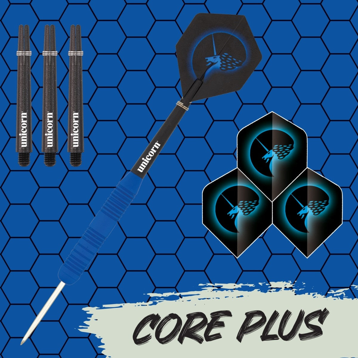 Core Plus Rubber Coated Brass Steel Tip Darts branded contents image displaying the darts and included accessories alongside Unicorn branding