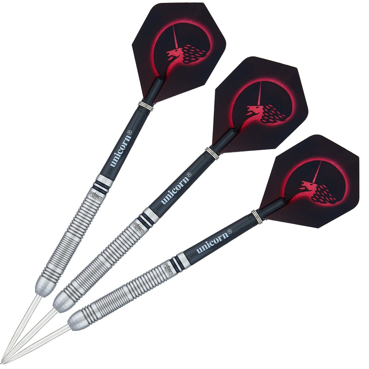Core Tungsten Style 2 Steel Tip Darts image showing the complete three dart set together highlighting barrel design consistency and styling
