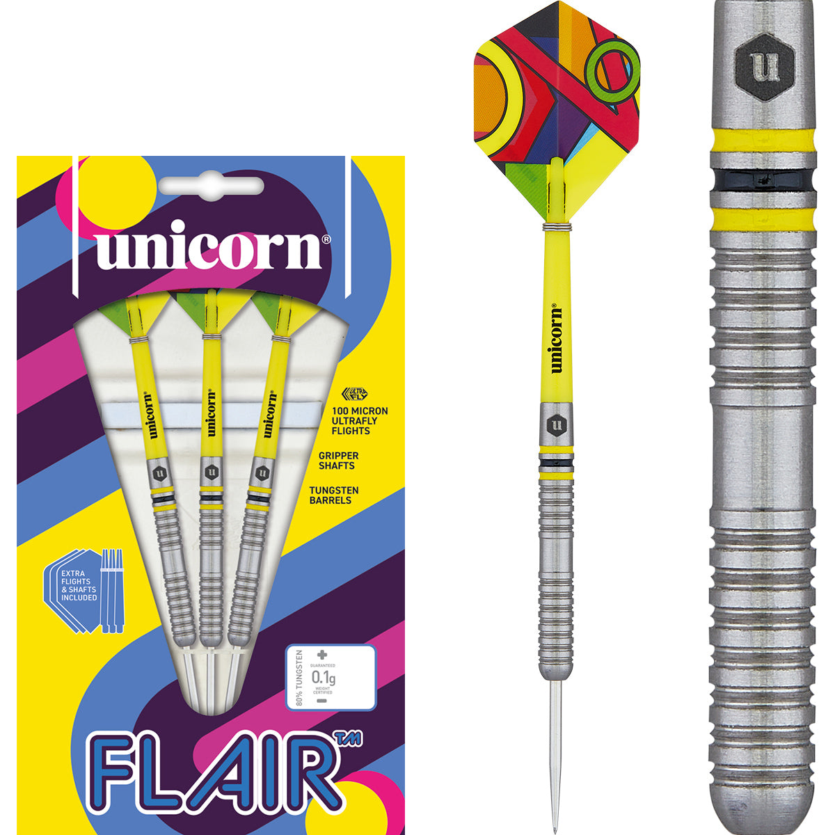 Flair 3 Steel Tip Darts main product image showing the darts, packaging, flights, shafts, and included accessories