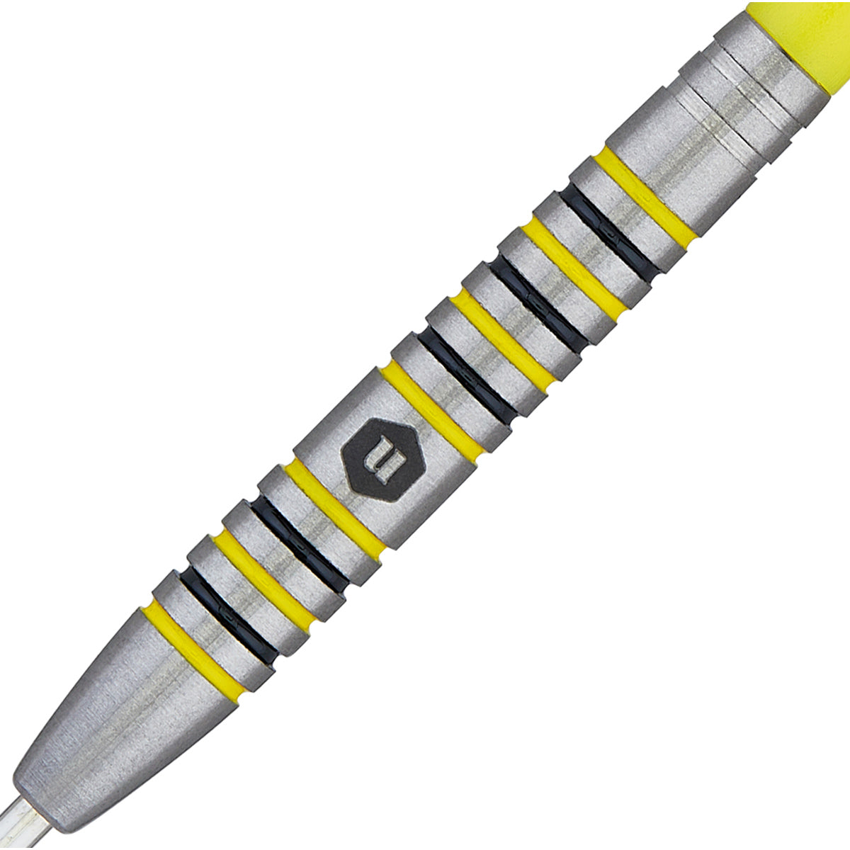 Flair 4 Steel Tip Darts close up image showing detailed grip patterns, machining, coating, and precision craftsmanship